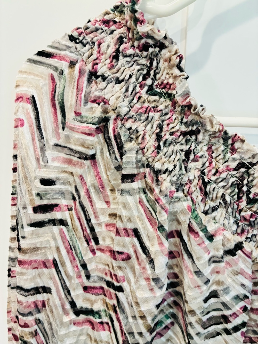 White House Black Market Smocked Off-Shoulder Velvet Top in Pink, Black & White - Picture 2 of 8